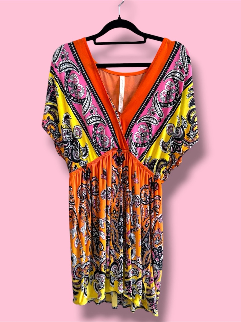 Cristinalove Orange, Pink & Yellow Paisley V-Neck Mini Dress #6